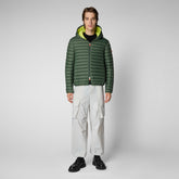 Man's animal free hooded puffer jacket Donald in thyme green | Save The Duck