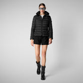 Woman's animal free hooded puffer jacket Amelie in black | Save The Duck