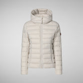 Woman's animal free hooded puffer jacket Amelie in rainy beige | Save The Duck