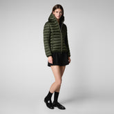 Woman's animal free hooded puffer jacket Alexis in pine green | Save The Duck