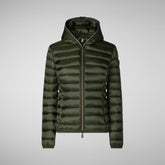 Woman's animal free hooded puffer jacket Alexis in pine green | Save The Duck