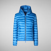 Woman's animal free hooded puffer jacket Alexis in cerulean blue | Save The Duck