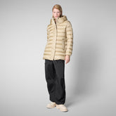 Woman's animal free hooded puffer jacket Drimia in wood beige | Save The Duck