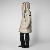 Woman's animal free hooded puffer jacket Isabel in rainy beige - Fashion Woman | Save The Duck