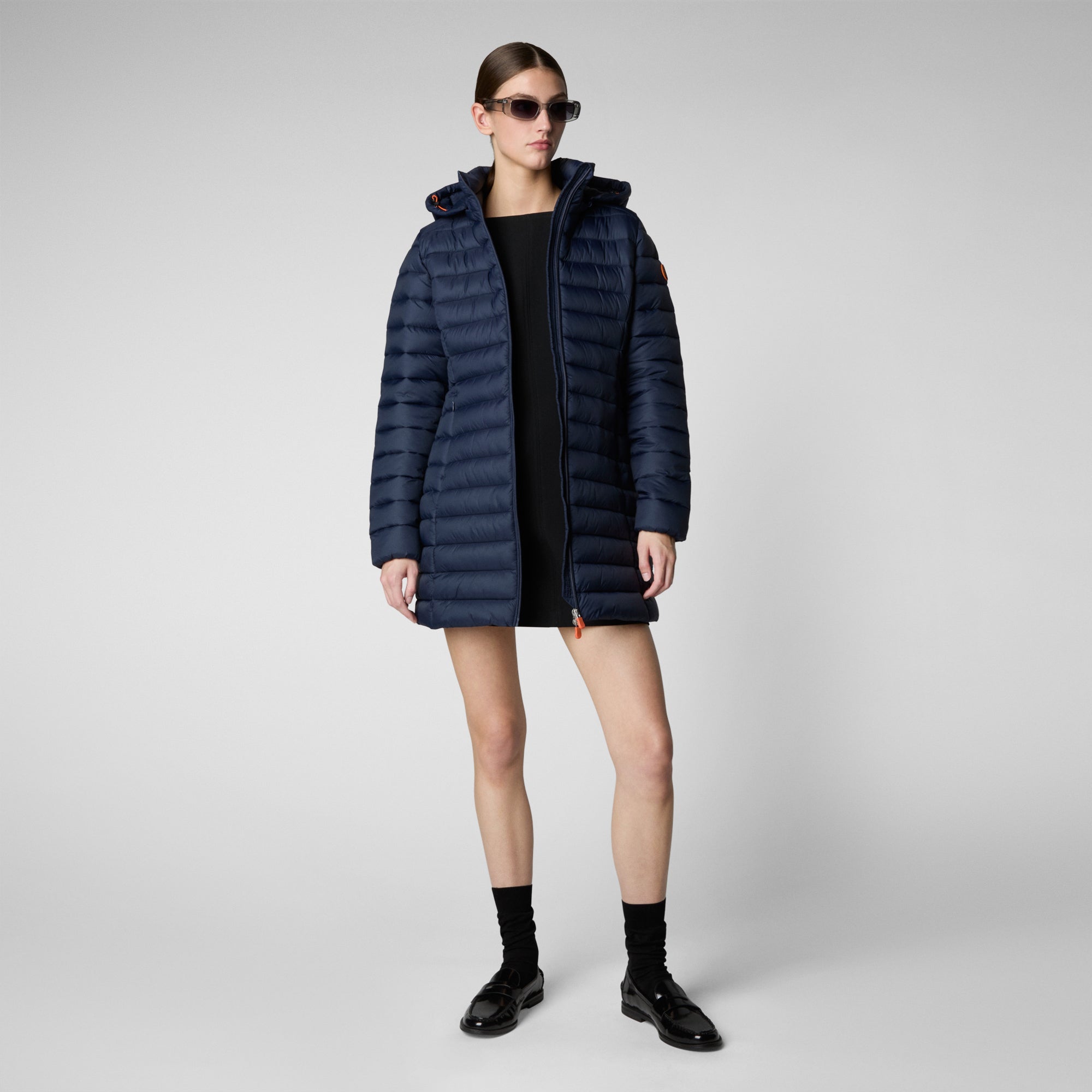 Woman s animal free hooded puffer jacket Carol in navy blue