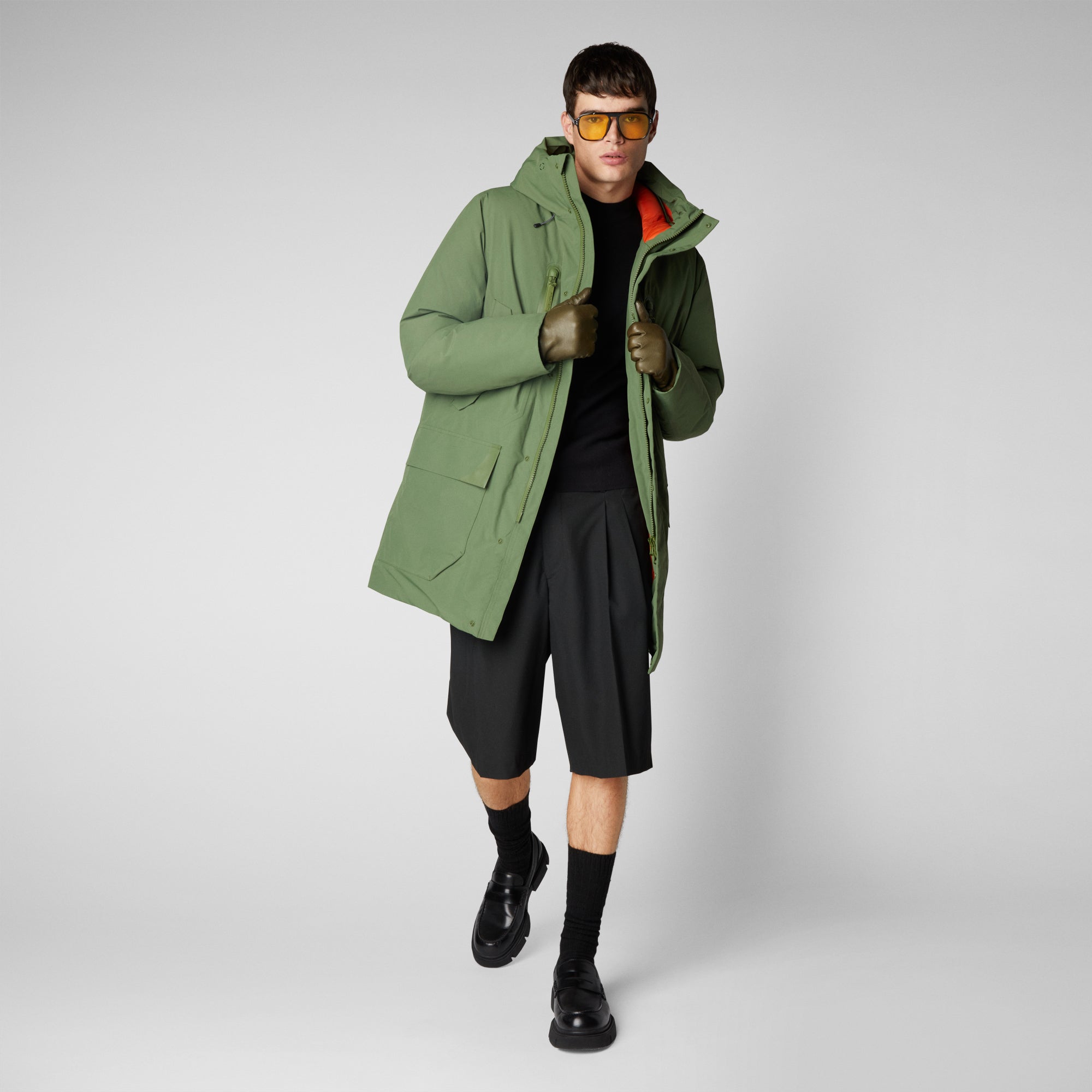 Veste longue capuche Jorge leaf green pour homme Save The Duck